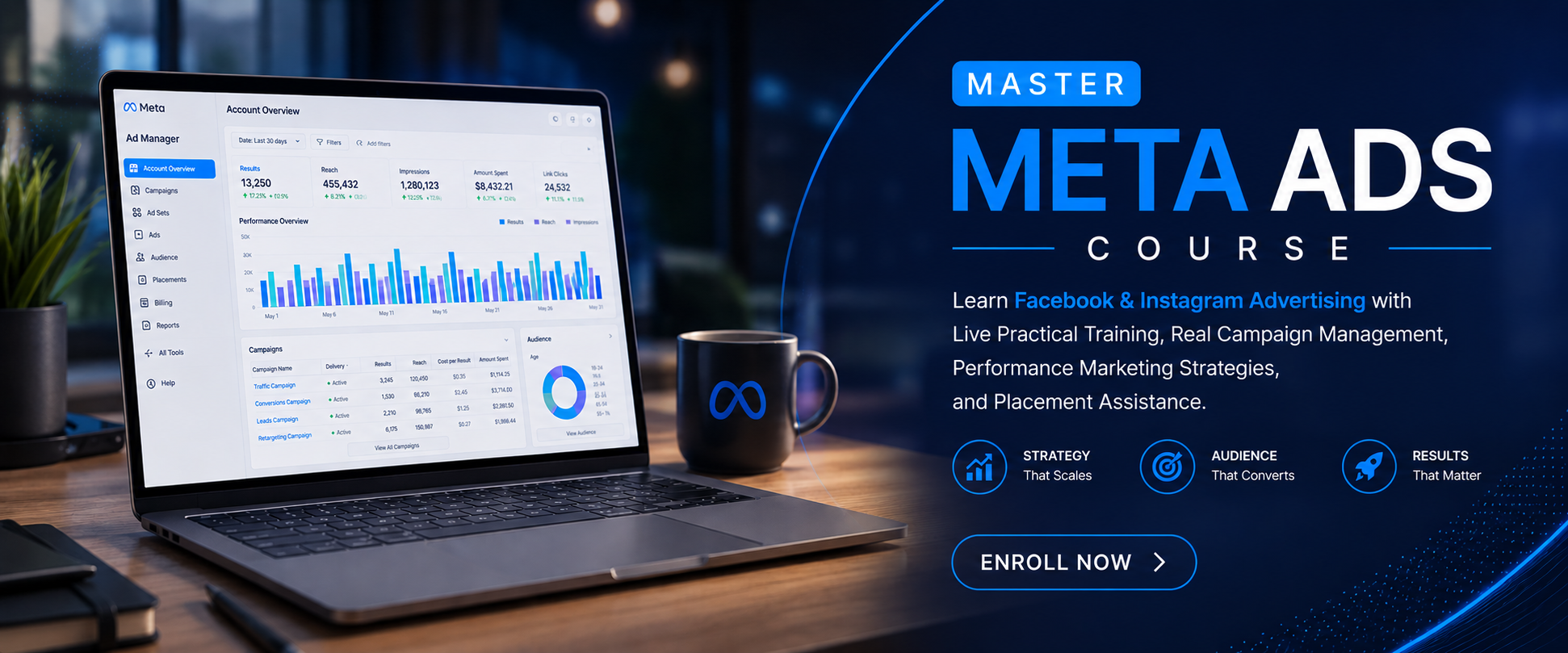Learn Facebook & Instagram Advertising with Live Practical Training, Real Campaign Management, Performance Marketing Strategies, and Placement Assistance.